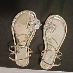 Jeffrey Campbell, floral decor toe ring slide sandal, Gold.